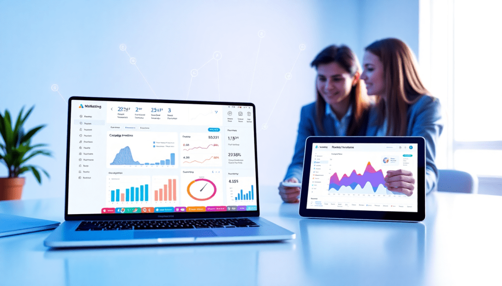 AI data visualization tool for marketing teams showcasing AI-powered dashboards and cross-channel visualization on a laptop and tablet, illustrating real-time marketing metrics and automated insight generation.