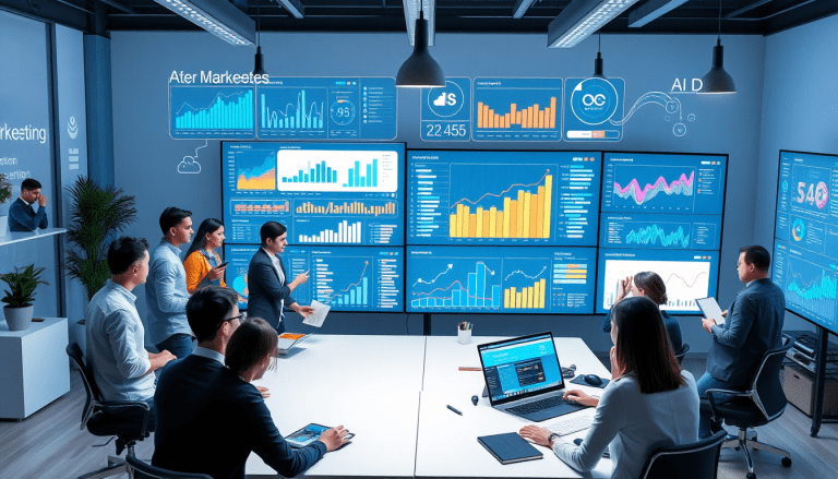 Marketing team using AI data visualization tool for marketing analytics automation, featuring AI reporting assistant and automated dashboard for cross-channel performance tracking and client analytics automation.