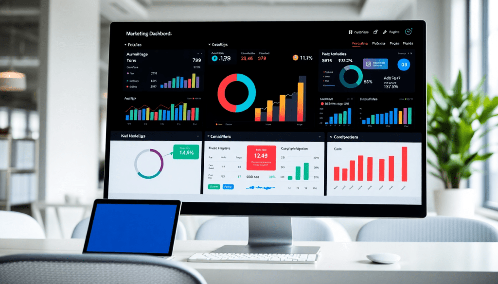 Digital marketing KPI dashboard displaying marketing metrics visualization and performance tracking, featuring campaign KPI monitoring, automated KPI reports, cross-channel analytics, ROI tracking, and AI-driven insights for interactive performance metrics.