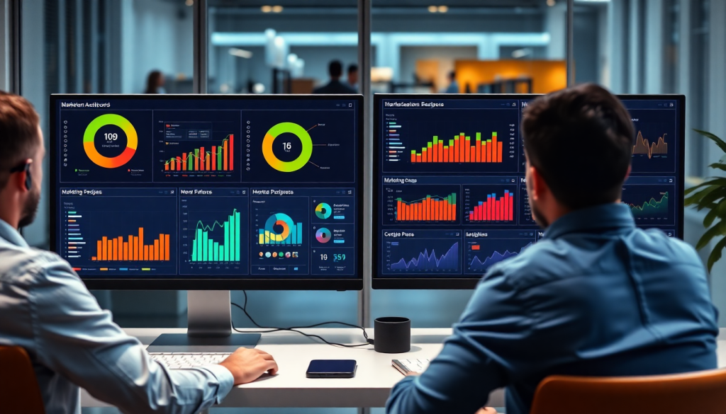Two professionals analyzing the best marketing reporting software on dual monitors displaying a comprehensive marketing analytics dashboard with automated performance reports, cross-channel analytics, and digital marketing data visualization insights.