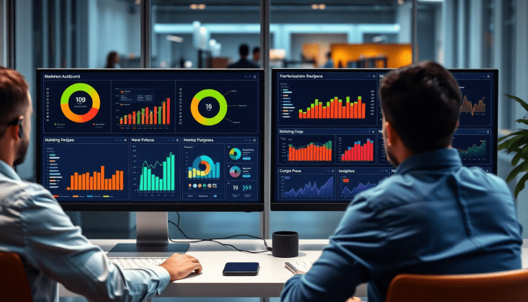 Two professionals analyzing the best marketing reporting software on dual monitors displaying a comprehensive marketing analytics dashboard with automated performance reports, cross-channel analytics, and digital marketing data visualization insights.
