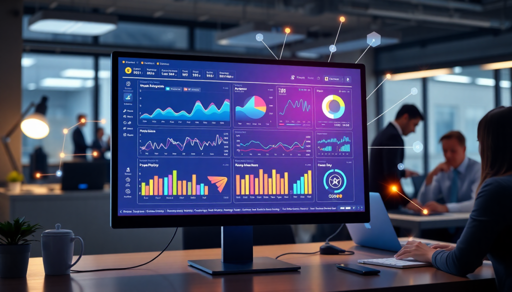 Automated KPI reporting dashboard illustrating marketing analytics automation, AI reporting assistant, and cross-channel performance tracking for enhanced client analytics and ROI insights.