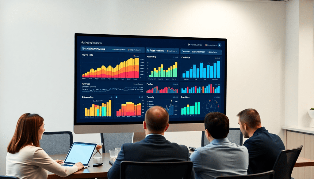 A group of professionals analyzing data on a marketing analytics dashboard, highlighting automated performance reports and cross-channel analytics for agency reporting automation.