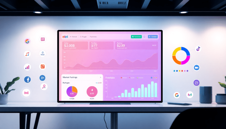 Performance marketing reporting software interface displaying automated campaign reporting and ad spend optimization dashboard with various digital advertising insights and cross-channel campaign tracking tools.