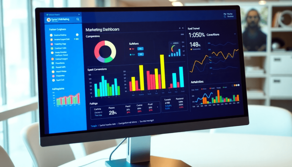 Digital marketing KPI dashboard featuring marketing metrics visualization, performance tracking, and campaign KPI monitoring on a computer screen.