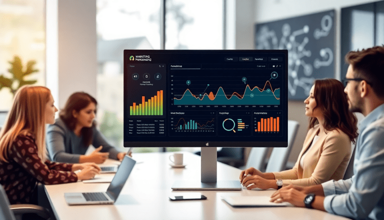 AI data visualization tool for marketing teams showcasing marketing analytics automation with automated dashboard creation, AI reporting assistant, and cross-channel performance tracking in a meeting room.