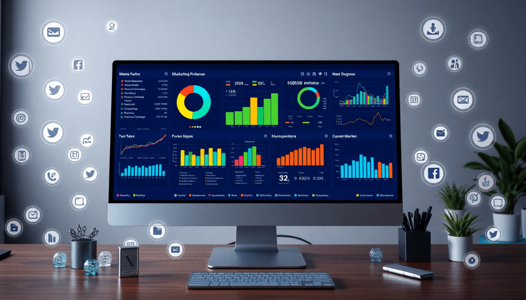 Multi-channel analytics dashboard displaying cross-channel marketing analytics, performance tracking, and campaign performance visualization on a computer screen in a modern office setting.