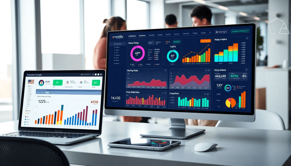 AI data visualization tool for marketing teams showcasing marketing analytics automation, automated dashboard creation, and cross-channel performance tracking on screen displays in an office setting.