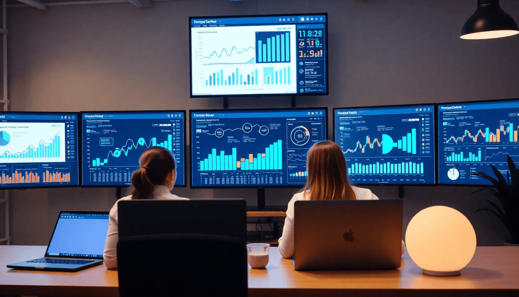 Two professionals analyzing marketing dashboard automation on multiple screens, featuring marketing analytics dashboard, automated performance reports, agency reporting automation, and cross-channel analytics.
