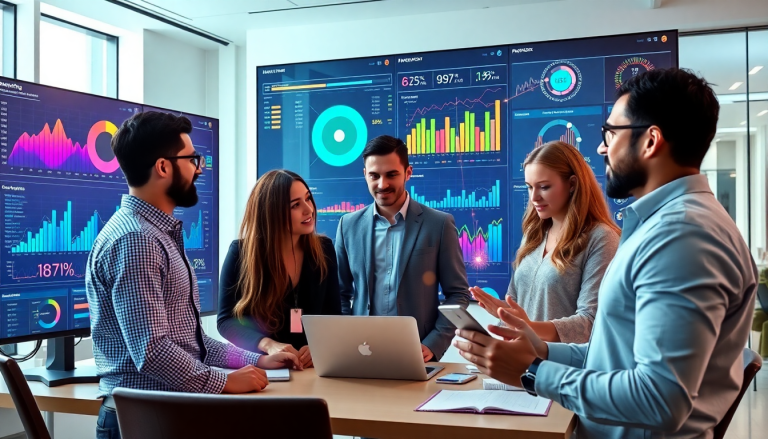 Marketing team analyzing data using AI-powered dashboards for cross-channel visualization and campaign performance insights, featuring interactive data reports and real-time marketing metrics on a digital performance dashboard.