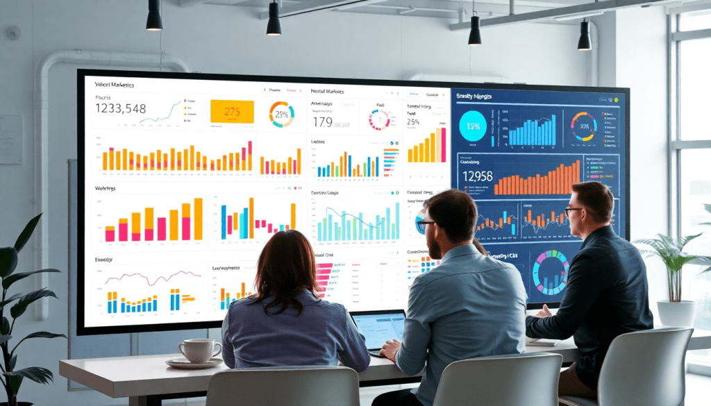 Marketing team using AI data visualization tool for marketing analytics automation, featuring an AI reporting assistant, automated dashboard creation, and cross-channel performance tracking on the TapClicks AI platform for campaign performance insights.