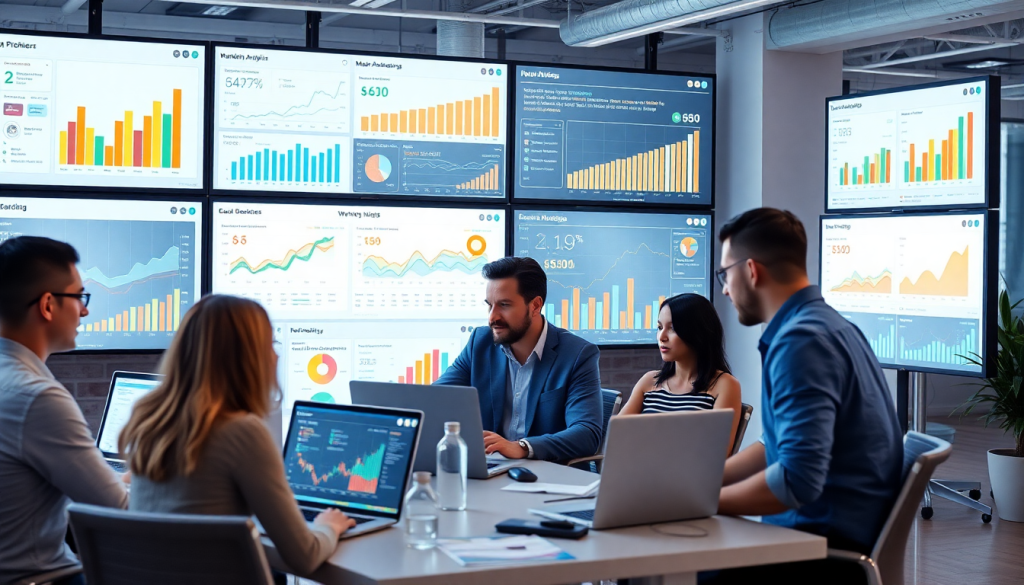 Collaborative marketing team using an AI data visualization tool for marketing teams to analyze campaign performance insights on AI-powered dashboards, showcasing automated marketing analytics, cross-channel visualization, and real-time marketing metrics.