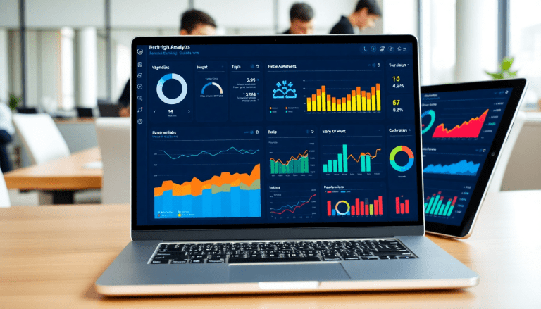 Performance marketing reporting software displaying automated campaign reporting, performance analytics tool, ad spend optimization dashboard, ROAS tracking platform, and conversion rate analytics on a laptop screen.