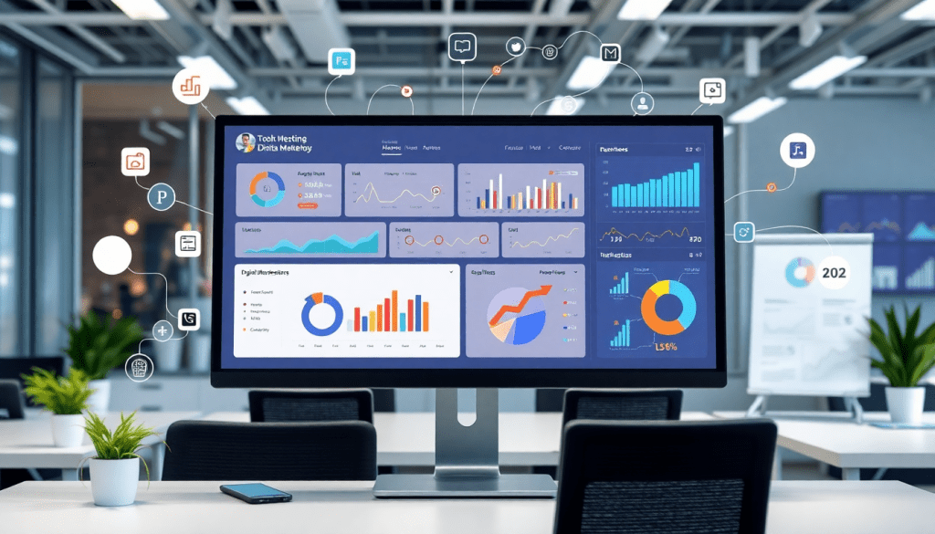 Digital marketing KPI dashboard with marketing metrics visualization, performance tracking, campaign KPI monitoring, automated reports, cross-channel analytics, ROI tracking, digital campaign reporting, data insights, AI features, and interactive metrics.