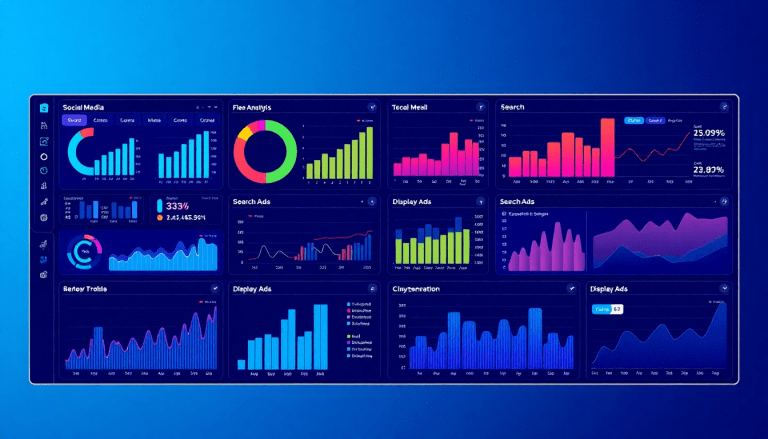 Multi-channel analytics dashboard showcasing cross-channel marketing analytics, performance tracking dashboard, marketing data aggregation, and campaign performance visualization for integrated marketing metrics and automated marketing insights.
