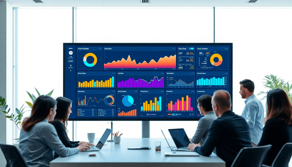 AI data visualization tool for marketing teams showcasing automated marketing analytics, AI-powered dashboards, interactive data reports, and campaign performance insights in a professional meeting.