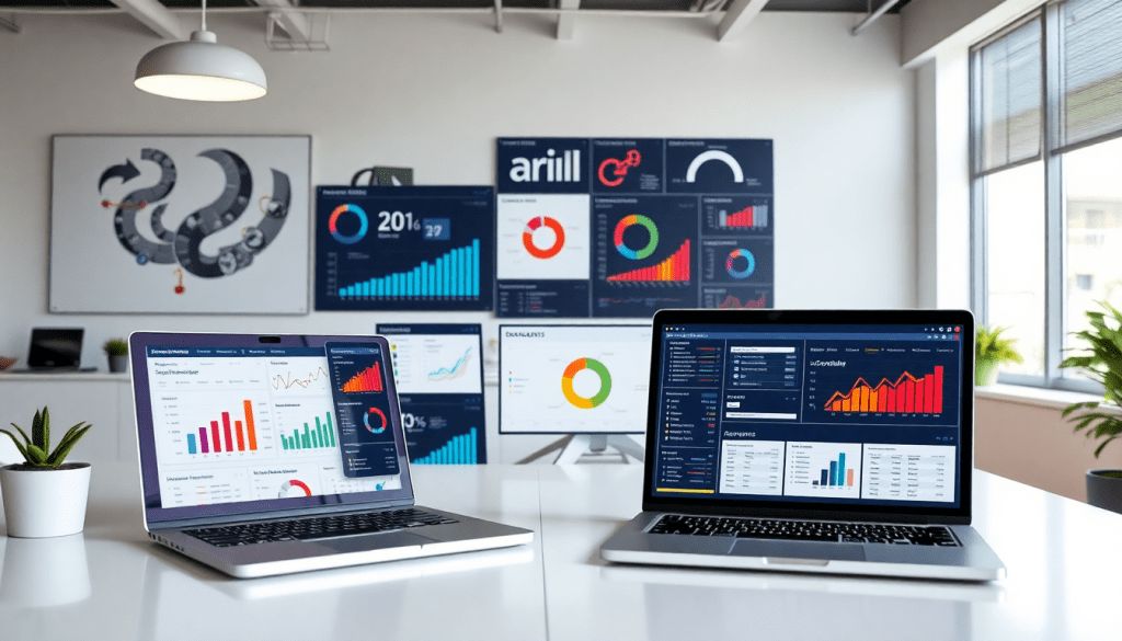 Advanced reporting software displayed on laptops and screens in a modern office setting, highlighting NinjaCat alternatives, client dashboards, cross-channel reporting, and white-label analytics for agencies.