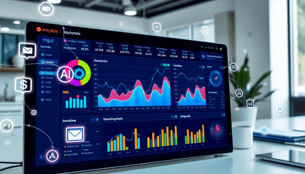 AI-powered marketing dashboard automation featuring real-time analytics, multi-channel data aggregation, and report scheduling, showcasing a TapClicks campaign performance dashboard.