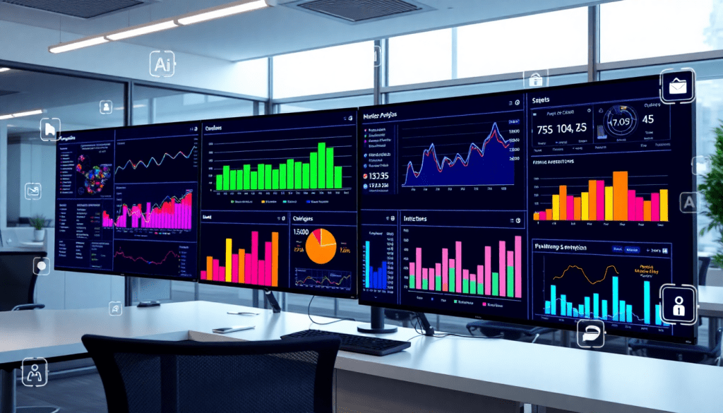 AI-powered marketing dashboard automation displayed on screens in a modern office, showcasing real-time marketing analytics, multi-channel data aggregation, and automated reporting workflows.