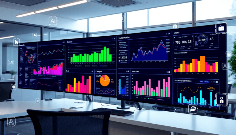 AI-powered marketing dashboard automation displayed on screens in a modern office, showcasing real-time marketing analytics, multi-channel data aggregation, and automated reporting workflows.