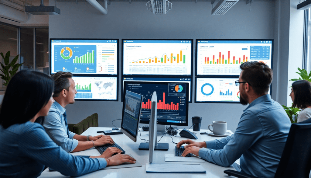 Team of professionals utilizing a white-label marketing dashboard for agencies, showcasing agency reporting platform with customizable client dashboards, branded analytics software, and automated data visualization for agencies.