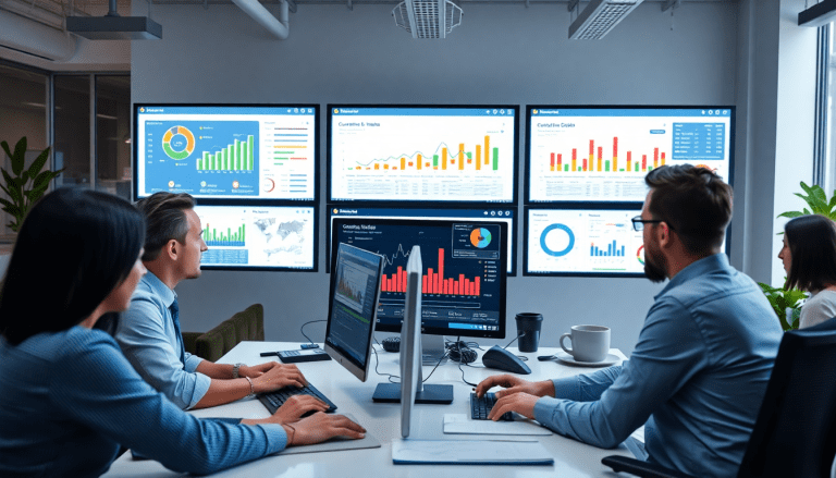 Team of professionals utilizing a white-label marketing dashboard for agencies, showcasing agency reporting platform with customizable client dashboards, branded analytics software, and automated data visualization for agencies.