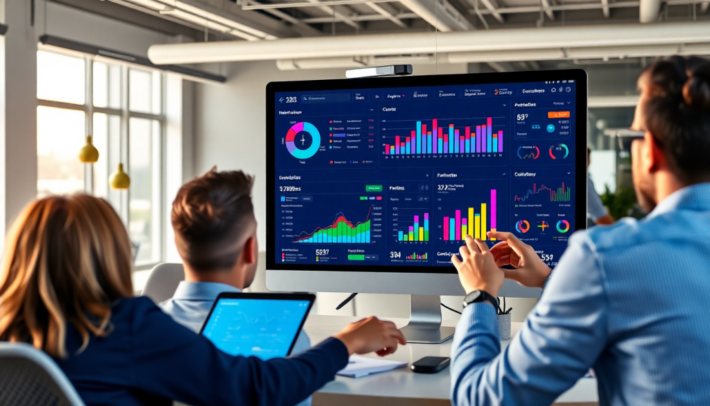 Digital marketing KPI dashboard displaying marketing metrics visualization, performance tracking, and campaign monitoring with cross-channel analytics and ROI reports.