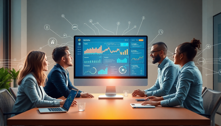 Business team reviewing a TapClicks marketing dashboard on a computer screen, highlighting marketing dashboard automation with AI-powered dashboard creation and automated reporting workflows, focusing on real-time marketing analytics and multi-channel data aggregation.