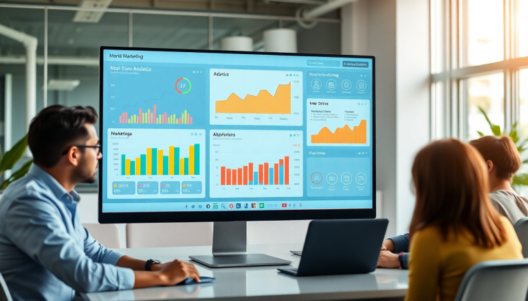 Automated KPI reporting dashboard displayed on a screen during a meeting, featuring real-time performance graphs and marketing insights for digital campaign analysis and ROI visualization.
