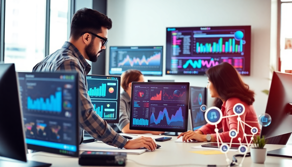 People working on computers with colorful graphs in a modern office, discussing NinjaCat alternatives, best competitors, reporting software for agencies, and automated marketing reports.