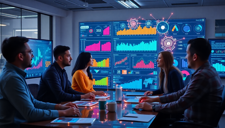Marketing team using AI data visualization tool for automated marketing analytics, featuring AI-powered dashboards with cross-channel visualization and real-time marketing metrics for campaign performance insights.