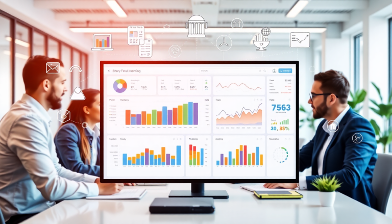 Marketing dashboard automation displayed on a screen in a meeting room, showcasing automated performance reports, agency reporting automation, and cross-channel analytics with client dashboard insights.