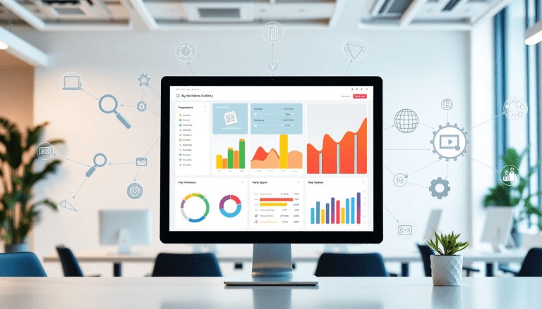 Automated KPI reporting dashboard displaying marketing data visualization, ROI tracking, and campaign performance insights using TapClicks AI platform in a modern office setting.