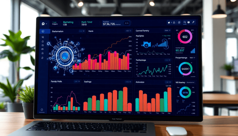 Automated KPI reporting dashboard displaying real-time performance metrics with AI analytics and digital campaign KPI tracking for marketing insights.