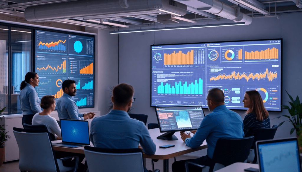 AI data visualization tool for marketing teams analyzing cross-channel performance with automated dashboards and campaign performance insights in an office setting.