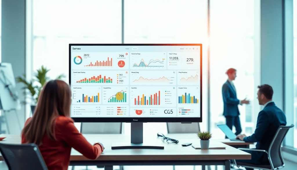 Automated KPI reporting dashboard showcasing marketing analytics automation, AI reporting assistant, and cross-channel performance tracking in a professional office setting.