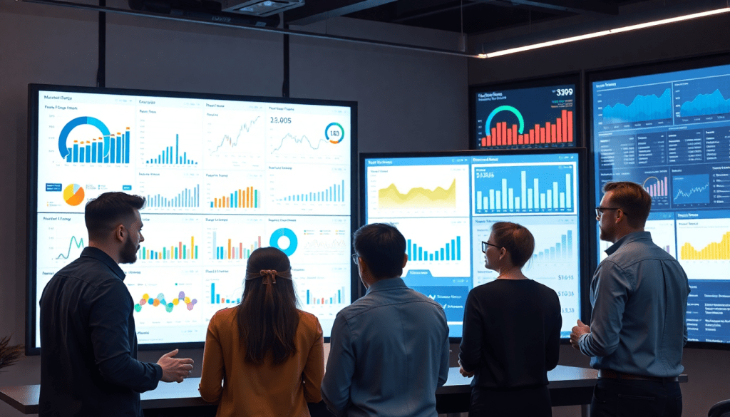 Marketing team analyzing data on AI-powered dashboards for real-time marketing metrics, showcasing cross-channel visualization and interactive data reports.