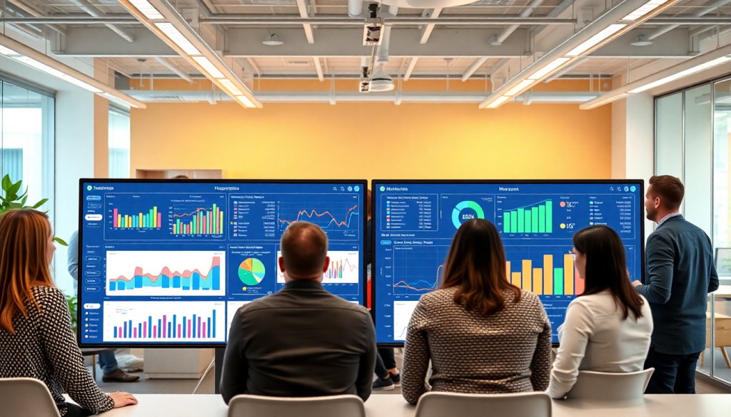 Group of professionals reviewing a marketing dashboard automation setup displaying cross-channel analytics and performance marketing KPIs for agency reporting automation and client dashboard insights.