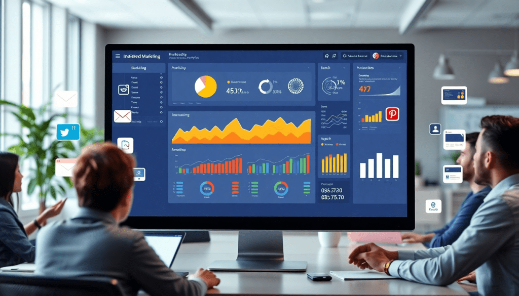 Multi-channel analytics dashboard in office setting showcasing cross-channel marketing analytics, performance tracking dashboard, marketing data aggregation, and unified reporting platform for campaign performance visualization and ROI tracking.