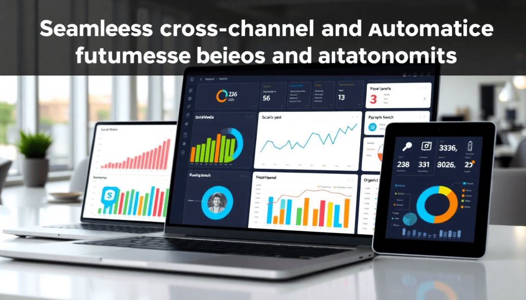 Marketing analytics dashboard displaying cross-channel analytics, client dashboard insights, and performance marketing KPIs on laptops and tablets, emphasizing automated performance reports and reporting automation for agencies, similar to Supermetrics alternative, TapClicks, and Funnel.io comparison.