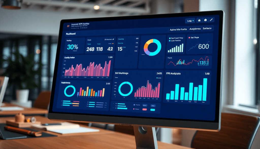 Automated KPI reporting dashboard showcasing real-time performance analytics, AI-driven marketing insights, and cross-channel metrics for ROI visualization.