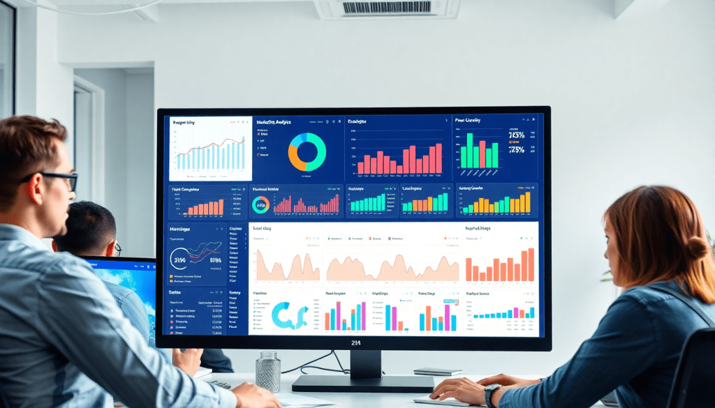 Digital marketing team analyzing an alternative to Funnel.io with a comprehensive marketing analytics dashboard, featuring automated performance reports and client dashboard insights for agency reporting automation and cross-channel analytics.