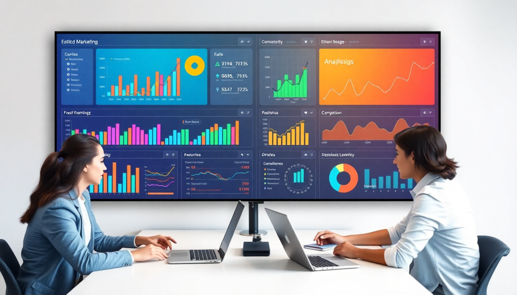 Two professionals discussing a marketing analytics dashboard displaying automated performance reports, cross-channel analytics, and digital marketing data visualization.
