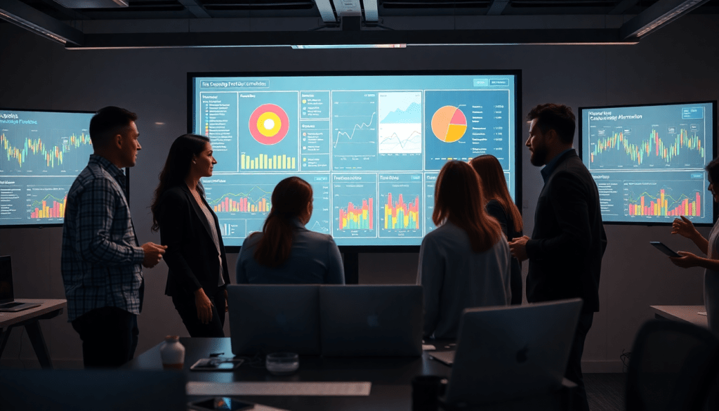 Marketing team using AI data visualization tool for marketing analytics automation, showcasing AI reporting assistant, automated dashboard creation, cross-channel performance tracking, and ROI tracking dashboard on TapClicks AI platform.