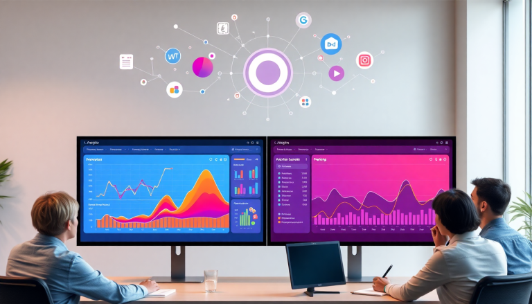 Marketing dashboard automation displayed on dual screens illustrating cross-channel analytics and performance marketing KPIs for agency reporting automation.