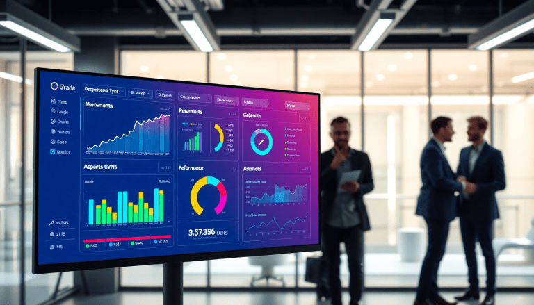 Automated KPI reporting dashboard displaying real-time analytics and performance metrics for marketing insights and digital campaign tracking in a modern office setting.