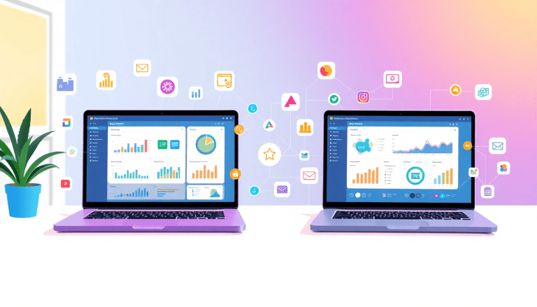 Two laptops displaying a marketing analytics dashboard, showcasing automated performance reports and agency reporting automation for client dashboard insights, featuring cross-channel analytics and a comparison of the TapClicks reporting platform and Funnel.io for reporting automation, digital marketing data visualization, and performance marketing KPIs.