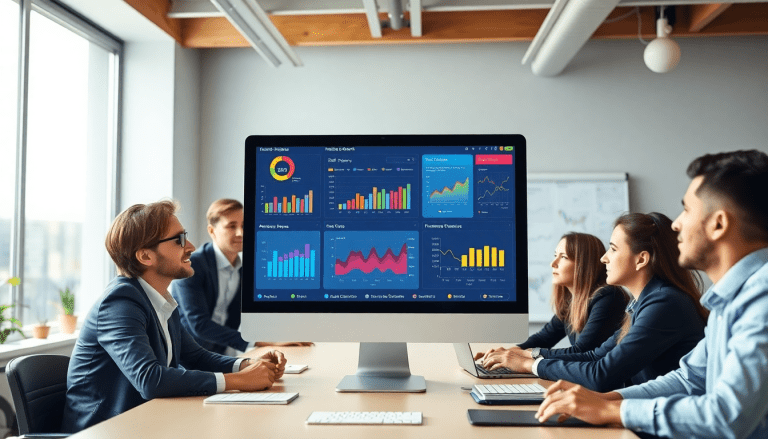 Professionals using a cross-channel reporting tool on a large screen in a modern office, ideal for automated marketing reports and agency reporting automation, highlighting the best NinjaCat competitors like TapClicks and Supermetrics alternatives for agencies.