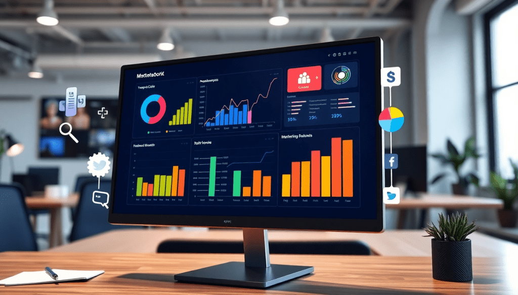 Digital marketing KPI dashboard displaying marketing metrics visualization and performance tracking in an automated, cross-channel analytics setup.