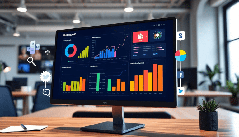 Digital marketing KPI dashboard displaying marketing metrics visualization and performance tracking in an automated, cross-channel analytics setup.